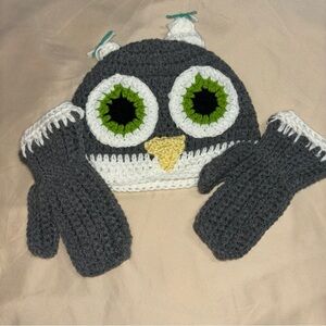 Bright Owl Crochet Kids‎ Cap W/matching Mittens Acrylic Gray/White Yarn Handmade